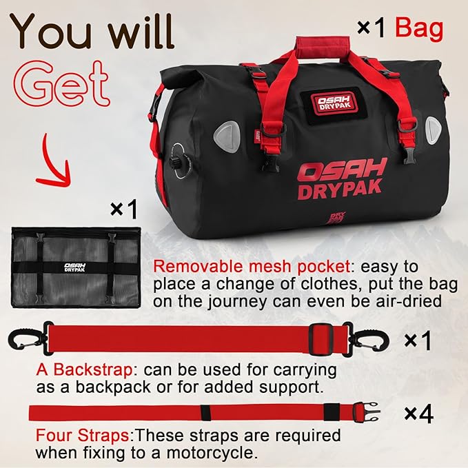 OSAH DRYPAK Waterproof Duffel Bag - Motorcycle Dry Bag Tail Bag with Large Storage Space, Waterproof Luggage Duffle Bags with Outer Mesh Zipper Pocket for Camping, Kayaking, Fishing & Traveling