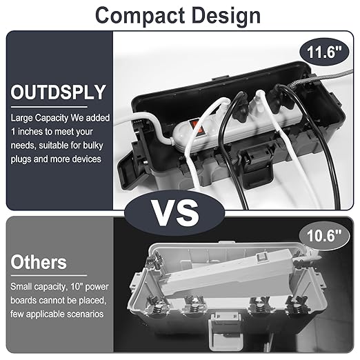 [2 Pack] Outdoor Electrical Box Waterproof, OUTDSPLY Medium Outdoor Electrical Box (11.6x5.2x4.1 inch) w/ 6 Cable Entry, Weatherproof Connection Box for Power Strip, Plug, Timer, Holiday Lights, Black