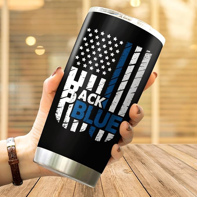 CUBICER Back The Blue American 20 Oz Stainless Steel Tumbler For Police Officers And Law Enforcement Supporters Drink Coffee Tea Heat Hot Cool Mug Travel Bottle Iced