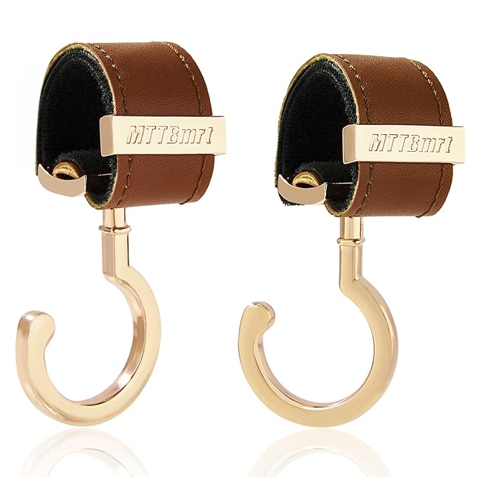2 Pack Stroller Hooks,Strong Synthetic Leather Hook-and-Loop Fastener&High-Quality Metal Hooks,Universal Bag Clip|360° Rotation, 66lb Capacity,Non-Slip-Fits Wheelchair(Brown-Gold)