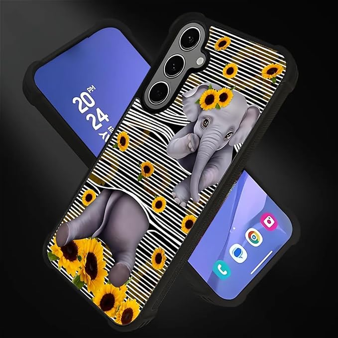 for Samsung Galaxy S24 S25 Plus Case, Cute Little Elephant Sunflower White Line Art Pattern Graphic Design Soft Silicone Hard Acrylic Shock Protection for Samsung Galaxy S24 S25 Plus