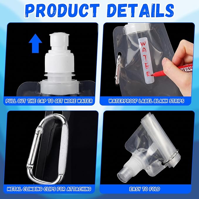 Teenyyou 24 Pack Collapsible Water Bottles Bulk 16oz Foldable Water Bottles with Carabiner Reusable Drinking Leak Proof Container Bags for Sport Biking Hiking Camping Travel Outdoor (Transparent)