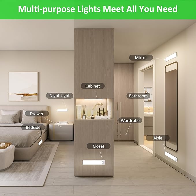 Motion Sensor Under Cabinet Lights, Magnetic Rechargeable Under Counter Closet Light, Wireless Night Light Bar Stick-On, 3-Pack, Neutral White