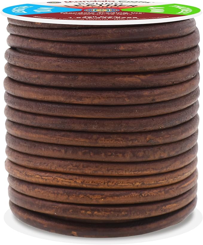 Mandala Crafts Round Genuine Distressed Brown Leather Cord for Jewelry Making – 4mm Cowhide Leather Rope String Lace for Kumihimo – 11 Yards Cowhide Craft Cording Spool