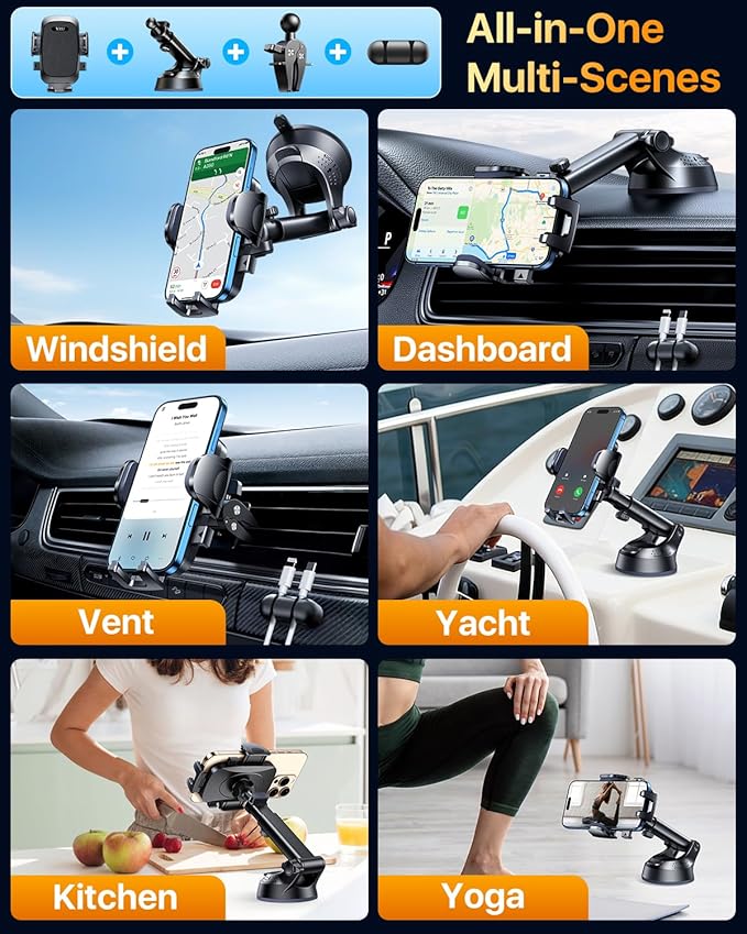 YRU [True Upgrade for Safety] Car Phone Holder Mount [Patent & Military-Grade] Dashboard Cell Phone Holder for Car Vent Windshield Phone Stand for iPhone 17 16 15 14 13 Pro Max Truck Samsung, Black