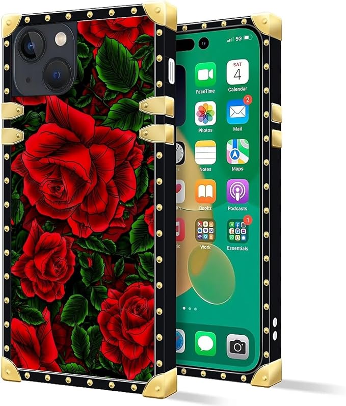Compatible with iPhone 14 Case, Vector Red Rose Green Leaf Luxury Golden Decoration for Girl Women Soft TPU Shockproof Protective Hard PC Back for iPhone 14