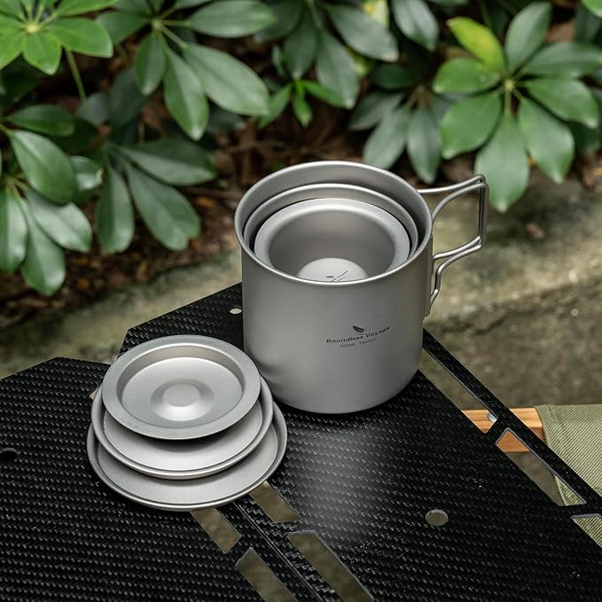 iBasingo Titanium Cup Set with Lid Foldable Handle Single-walled Camping Mug Lightweight Portable for Outdoor Drinking Drinkware US-Ti3060D