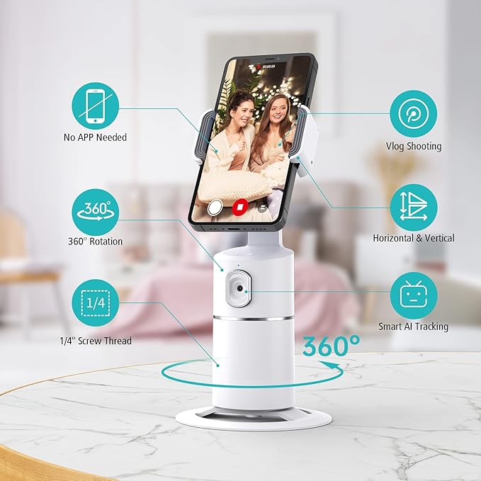 camrola Auto Face Tracking Phone Holder, No App Required, 360° Rotation Face Body Phone Tracking Tripod Smart Shooting Camera Mount for Live Vlog Streaming Video, Rechargeable Battery-White