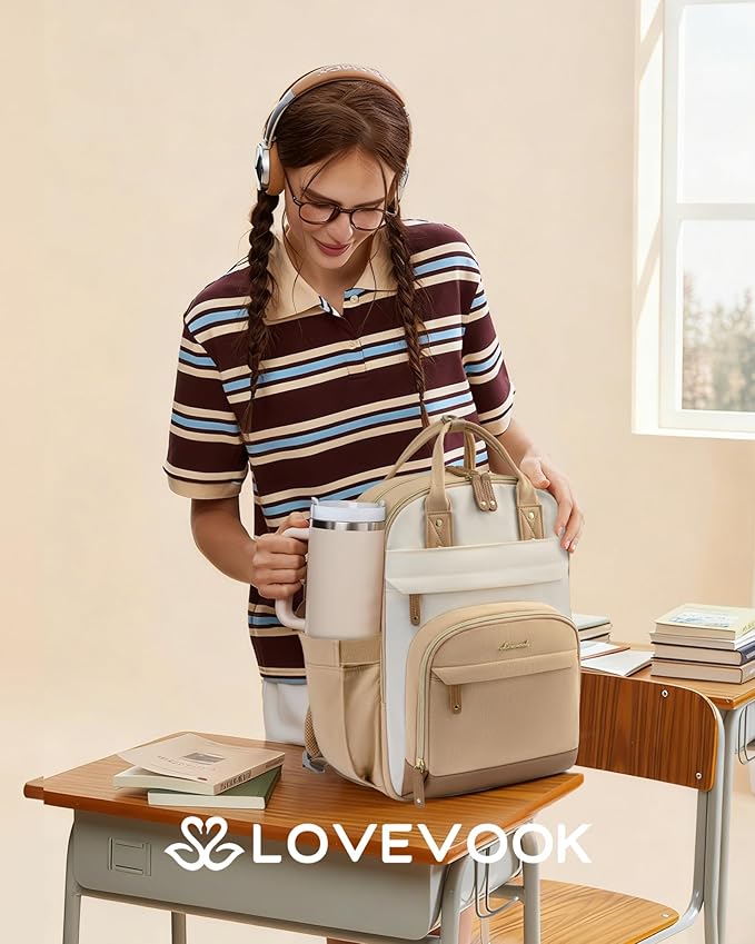 LOVEVOOK Laptop Backpack for Women with Giant Tumbler Holder Pocket,18.4 inch School College Bookbag Nurse Teacher Backpack,Work Travel Backpack Purse Laptop Computer Bag,Beige-Off-white-Earthy yellow