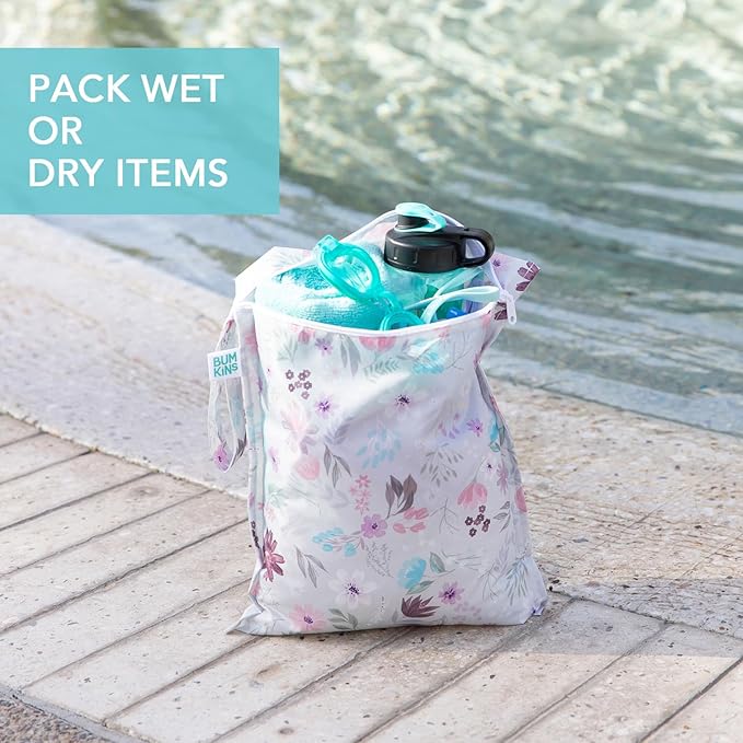 Bumkins - Waterproof Wet Bag - For Baby, Travel, Swim Suit, Cloth Diapers, Pump Parts, Pool, Gym, Toiletry, Strap to Stroller - Reusable & Easy to Clean - 2pk - Floral Gray