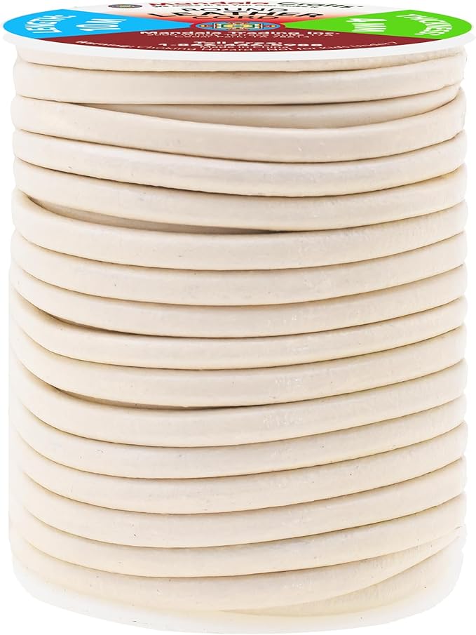 Mandala Crafts Round Genuine Cream Leather Cord for Jewelry Making – 4mm Cowhide Leather Rope String Lace for Kumihimo – 11 Yards Cowhide Craft Cording Spool