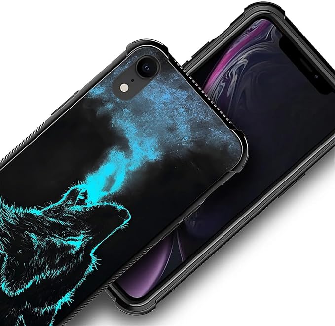 for iPhone XR Case, Blue Breathing Wolf Pattern Graphic Design Girl Boy Soft Silicone Hard Acrylic Shock Protection for iPhone XR