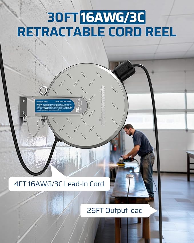 DEWENWILS 30FT Retractable Extension Cord Reel, Ceiling/Wall Mount 16/3 SJTW Power Cord with 3 Lighted Triple Outlets for Garage Shop, 10 Amp Circuit Breaker, Metal Plate, ETL Listed, Silver