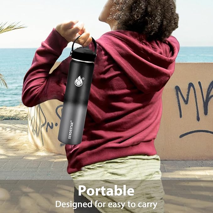 Insulated Water Bottle 40 oz with Straw, Stainless Steel Wide Mouth Water Bottle, Double Wall Vacuum Leak Proof with Straw Lid & Spout Lid for Sports or Office, Keep Cold or Hot Up to 24 Hrs