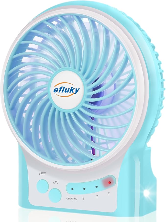 efluky 3-Speed Mini Desk Fan with LED Light, Portable USB Fan Quiet for Home, Office, Travel, Camping, Outdoor, Indoor, 4.9-Inch,Blue