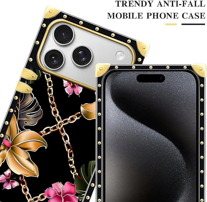 for iPhone 17 Pro Case Luxury Golden Decoration for Girl Women Soft TPU Shockproof Protective Hard PC Back for iPhone 17 Pro Crazy Pattern Pink Golden Chain Tropical Flower
