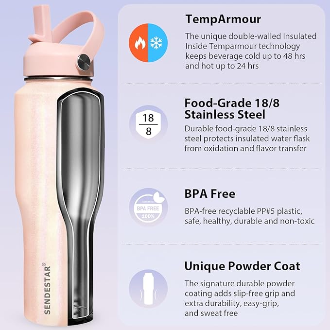 SENDESTAR 32oz Stainless Steel Water Bottle(Cold for 48 Hrs, Hot for 24 Hrs),Double Wall Vacuum Insulated Bottle with Straw Lid, Spout Lid and Flex Cap, Fit in Any Car Cup Holder,Laser Pink