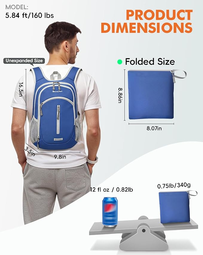 Seektop Small Hiking Backpack Expandable 12L-15L, Lightweight Packable Waterproof Daypack with Phone Pocket for Women Men