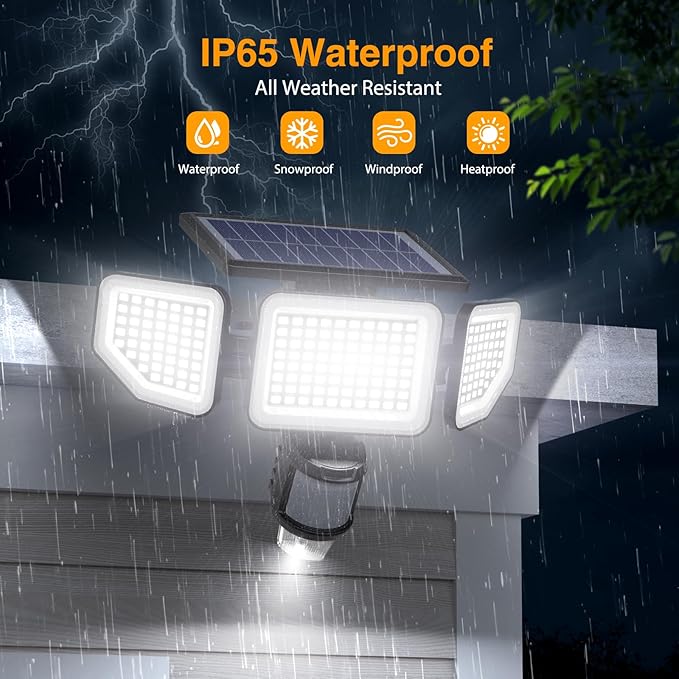 Onforu Solar Lights Outdoor, 3 Heads Security Lights with Remote Control & Night Light, IP65 Waterproof Motion Sensor Lights, 3 Modes, Flood Lights for Wall, Porch, Yard, Outside, 2 Pack
