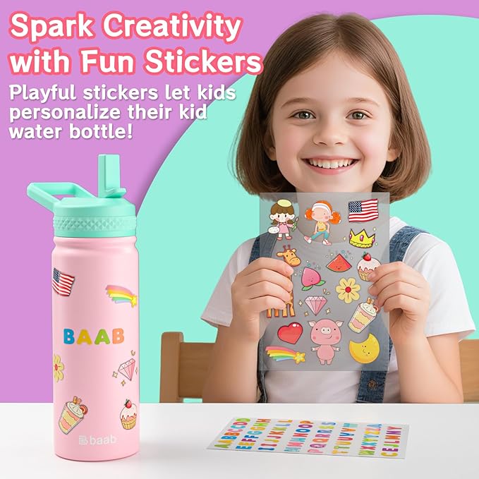 baab 18oz Kids Water Bottle, Insulated Water Bottle with Straw & Stickers, 18/8 Stainless Steel Vacuum Leakproof Kids Water Straw Cup for School, Perfect for Boy Girl (Pink+Purple, 2 Pack)