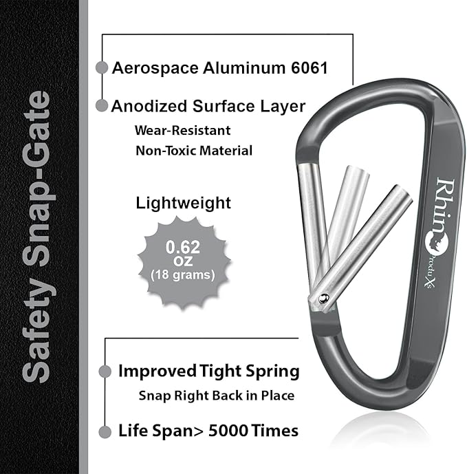 Rhino Produxs 8PCS of Lightweight Duty Snap Carabiner Clips, D Ring Shape Carabiner with 8PCS Keyring - Excellent for Outdoor, Camping, Hiking, Keychains, Water Bottle, Keychain Hook