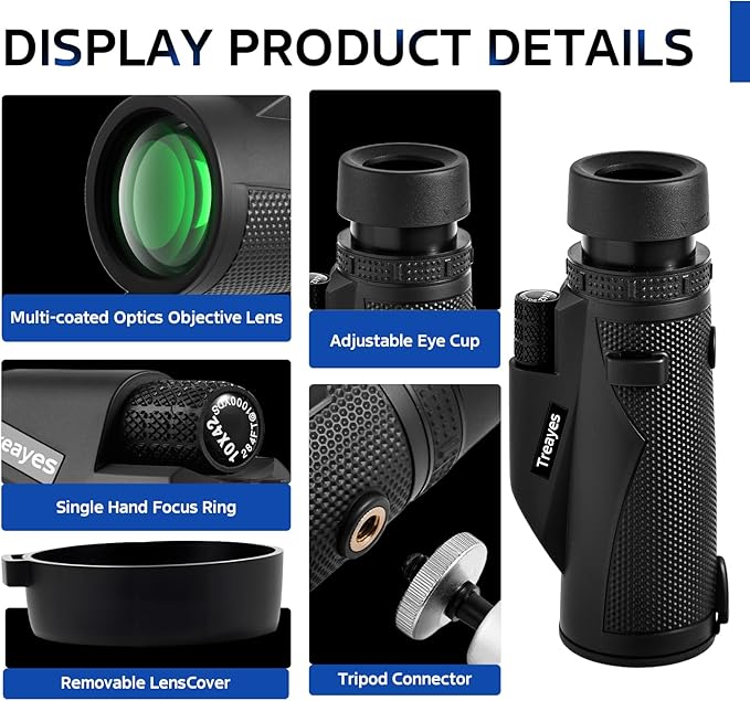 10x42 Monocular Telescope High Power HD, 330g Ultra-Lightweight & Portable, BAK4 Prism Metal Frame, with Phone Adapter Tripod for Bird Watching, Hunting, Travel, Concerts, Football Games