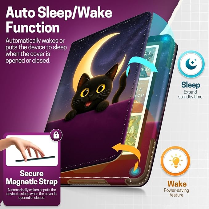 TNP Stand Case for Kindle Paperwhite 12th Generation 2024 / Kindle Colorsoft Signature Edition with Hand Strap & Card Slot - 7" PU Leather Protective Folio Cover with Auto Wake/Sleep, Cat Moon