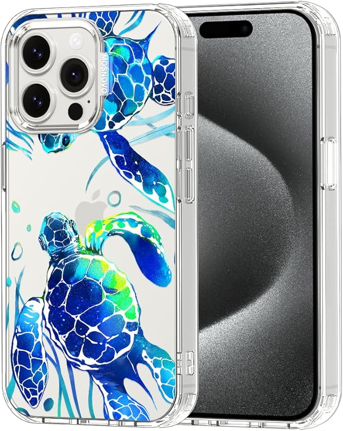 MOSNOVO Case for iPhone 15 Pro Max, [Buffertech 6.6ft Military-Grade Drop Protection] [Anti Peel Off Tech] Clear TPU Bumper Phone Case Cover Design - Sea Turtles