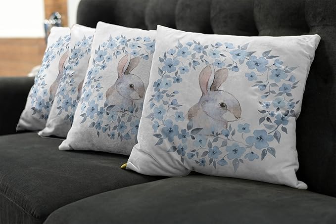 Ambesonne Watercolor Flower Decorative Throw Pillow Case Pack of 4, Bunny Rabbit Portrait in Floral Wreath Illustration Country Style, Cushion Cover for Couch Living Room Car, 16", Blue White