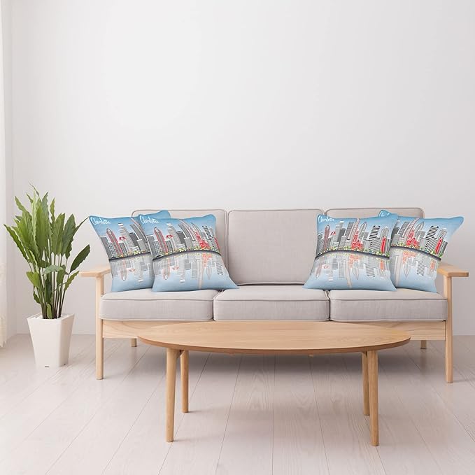Ambesonne North Carolina Throw Pillow Cushion Case Pack of 4, Charlotte Skyline with Urban Skyscrapers Buildings City Landscape, Modern Accent Double-Sided Digital Printing, 18", Grey Coral