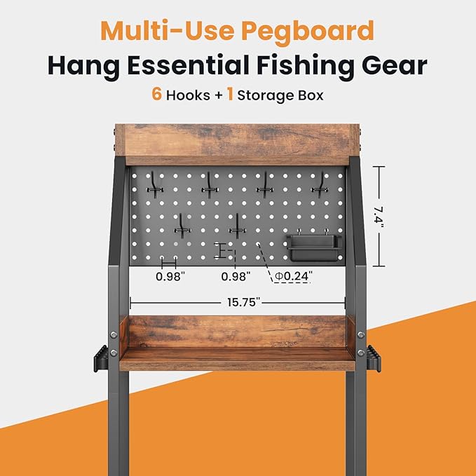 Fishing Rod Holder for Garage with Hooks & Pegboard, 3-Tier Fishing Pole Rack Holds 12 Rods, Rolling Fishing Rod Storage Organizer with Wooden Tool Box, Fishing Tackle Shelf for Anglers