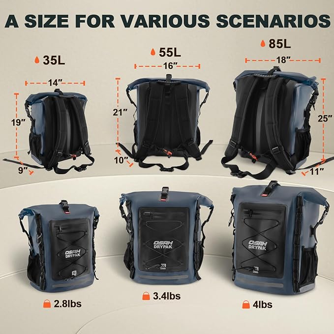 OSAH DRYPAK Waterproof Backpack Dry Bag 35L/55L/85L – Heavy Duty Roll-Top Hiking Backpack Sack Keeps Gear Dry for Travel, Kayaking, Boating, Camping, Rafting and Fishing