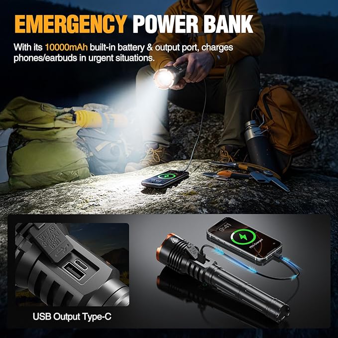 WdtPro Rechargeable LED Flashlights High Lumens, Super Bright 90000LM Rechargeable Flashlight with LCD Display, 5 Modes & Waterproof Powerful 10000mAh Handheld Flashlight for Camping Emergency