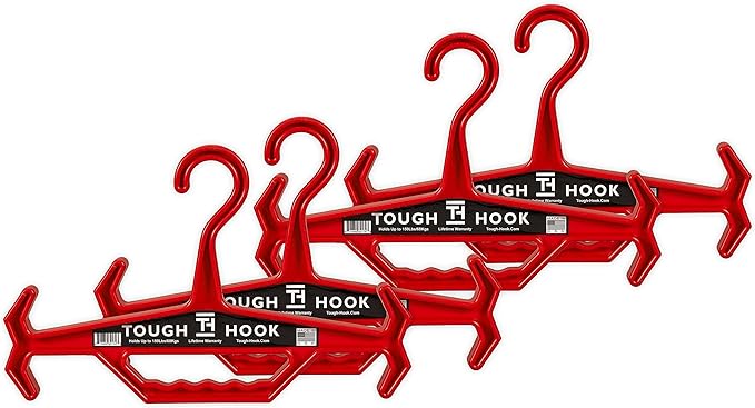Tough Hook Original Heavy Duty Hangers – The Superhero of Hangers USA-Made, Anti-Slip ABS Resin Tactical Hanger for Police Gear, Scuba Gear & Dive BCD – DuraResin 200-lb Cap Wetsuit Hanger, 4 Red