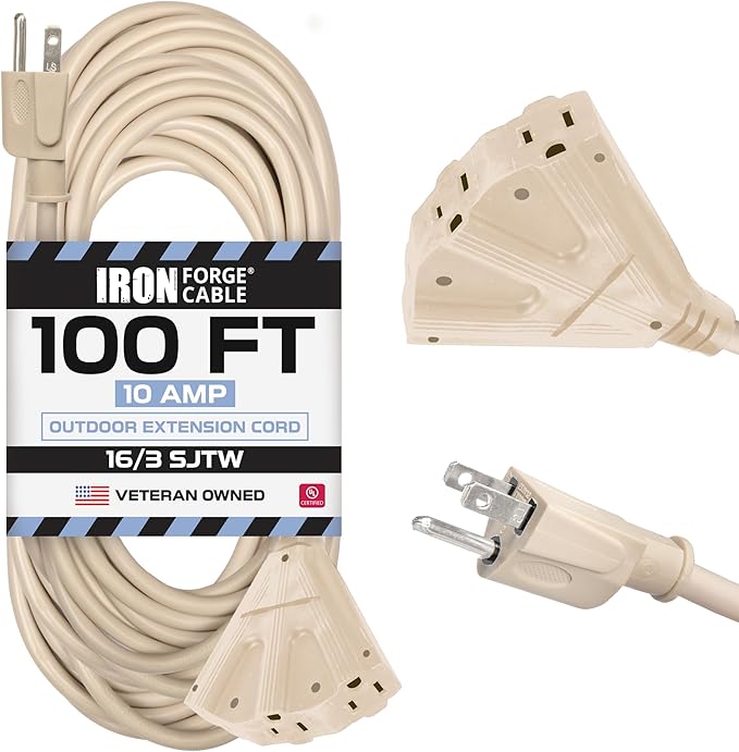 Iron Forge Cable Weatherproof 100 Ft Outdoor Extension Cord - 3 Outlet 16/3 SJTW Heavy Duty Light Brown Extension Cord 100ft 3 Prong - 10 Amp Power Cable