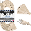 Iron Forge Cable Weatherproof 100 Ft Outdoor Extension Cord - 3 Outlet 16/3 SJTW Heavy Duty Light Brown Extension Cord 100ft 3 Prong - 10 Amp Power Cable