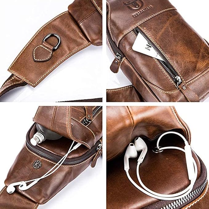 Hebetag Leather Sling Bag Backpack for Men Women Travel Outdoor Camping Crossbody Shoulder Chest Day Pack Hiking Walking Backpacks Black