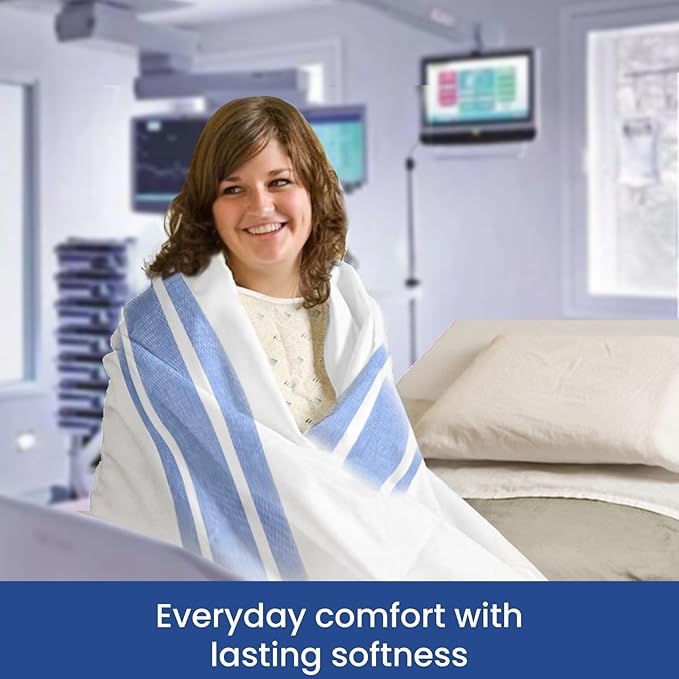 Linteum Textile Cotton Blended Hospital Patient Bath Blanket, Bed Bath Sheet, Twin Blanket Lightweight Sheet Blankets 70x90 in, 1.75 lb. White with Blue Stripes