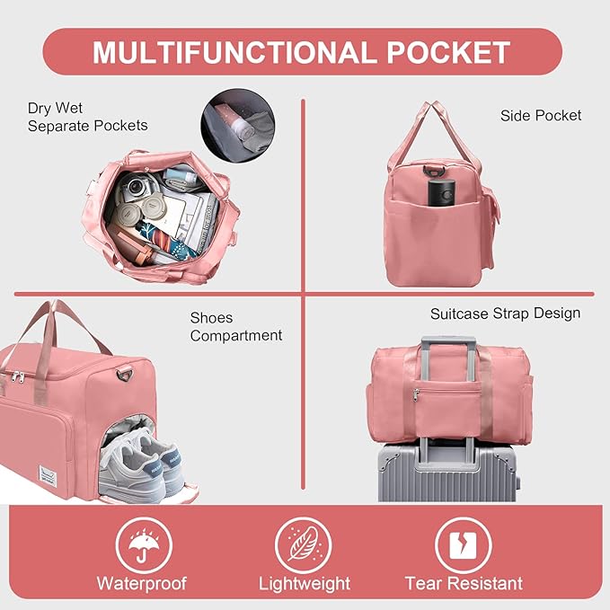 Suruid Gym Bag for Women Men, Travel Duffle Bag Large Capacity Carry On Weekender Bag With Shoe Compartment Gym Tote Dry Wet Separation Duffel Bag with Makeup Bag, Pink