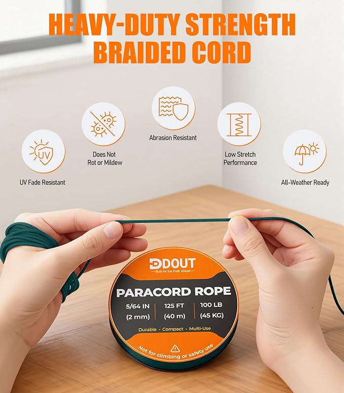 DDOUT 2mm Paracord 100lb, Thin Micro Paracord Rope, DKGreen 125FT Nylon Cord for Crafting, DIY Projects, Fishing, Camping & Outdoor