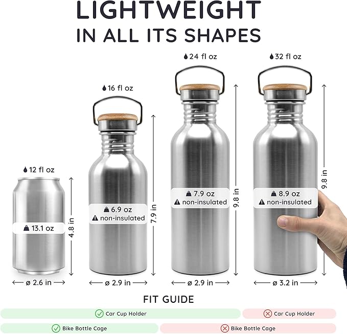 Bambaw Stainless Steel Water Bottles 32 oz, Non-insulated Single Wall Metal Water Bottle Stainless Steel, Reusable & Eco Friendly, Dishwasher Safe – Silver | Non-insulated, Single Wall, Metal Water Bottle, Reusable, Eco Friendly, Dishwasher Safe