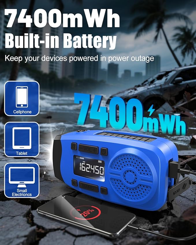 Runningsnail Emergency Weather Radio, 7400mWh Hand Crank Emergency Radio with LCD Display, Support Weather Alert Radio, USB/Solar/Hand Crank,1W Flashlight&SOS Alarm for Outdoor&Home Emergency (Blue)