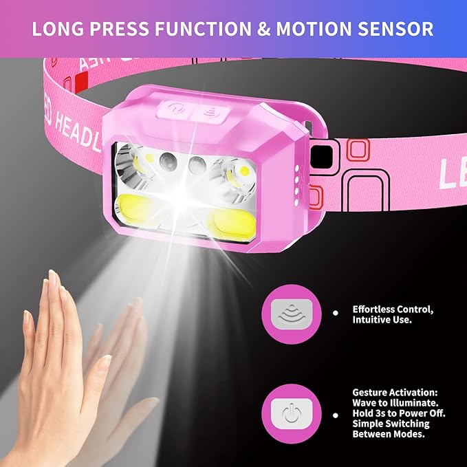 Headlamp Rechargeable LED, 800 Lumens with Red & White Light, 8 Modes, Motion Sensor, USB-C Charging, IPX4 Waterproof (1, Pink)