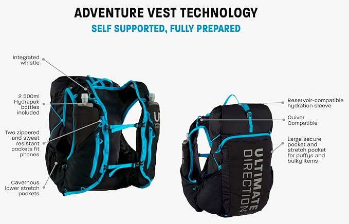 Ultimate Direction Adventure Vest | 17 Liter Capacity Hydration Pack for Running, Hiking & Fastpacking - Includes 2 Soft Flasks