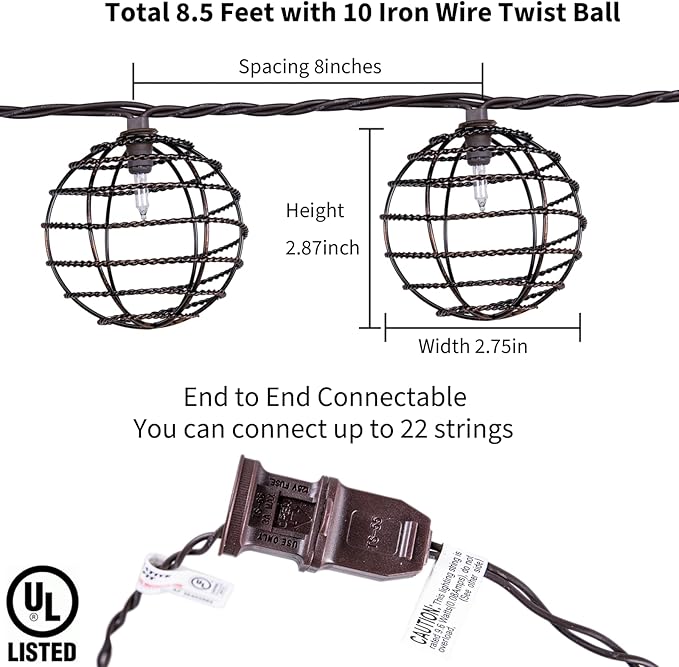 Decorative String Lights Indoor Outdoor, Patio Lantern Style String Lights with 10 Warm White Mini Bulbs, UL Listed Connectable Weatherproof Plug In Lights for Home Decoration(Iron Wire Twist Ball)