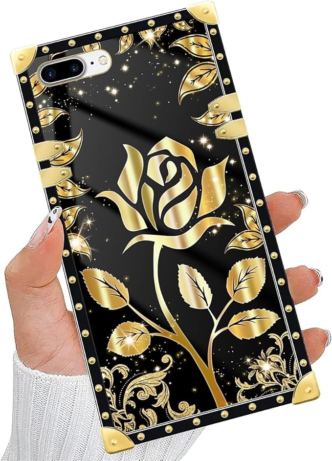 Compatible with iPhone 8 Plus 7 Plus Case, Shine Gold Rose Luxury Golden Decoration for Girl Women Soft TPU Shockproof Protective Hard PC Back for iPhone 8 Plus 7 Plus