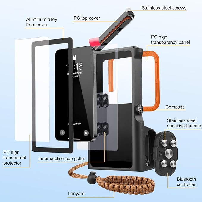 Universal Underwater Diving Phone Case with Bluetooth Controller, IP68 50FT Waterproof for iPhone 17 (Standard Only), iPhone 16/15/14/13/12/11 & Galaxy S24/S23/S22, Black+Orange