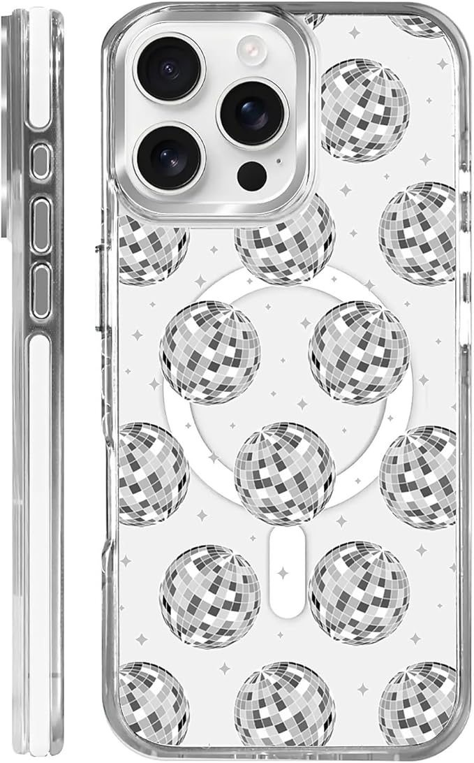 Case for iPhone 16 Pro,[Compatible with MagSafe],Disco Ball Grayish White Phone Case Design，for Women Girls Magnetic Clear Cover - Slim, Sleek, & Shockproof Protection