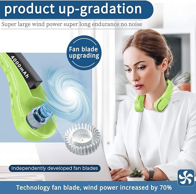 ASNUG Portable Neck Fan, Bladeless Neck Fan, USB Rechargeable Personal Fan, 4000 mAh Battery Operated Wearable Fan, 3 Speeds Adjustable,Faster Cooling, Ultra Quiet, Suitable for Home, Office, Sports
