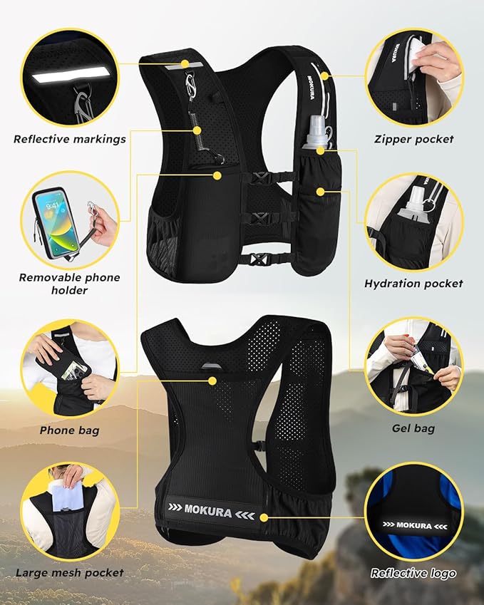MOKURA Running Vest for Women Men, Lightweight Hydration Vest with 500ML Soft Flask & Phone Holder, Reflective Running Backpack, Adjustable Run Pack Water Bottle, Runner Marathon Essentials